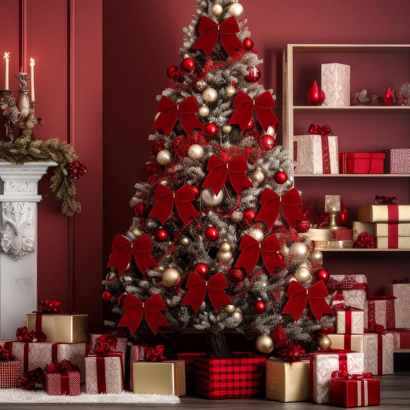 3 Pcs Christmas Velvet Bows – Vintage Rustic Ribbon Bows for Gift Wrapping, Christmas Tree & Wreath Decor, Farmhouse Holiday Ornaments for DIY Crafts, Garland, Presents (Red Velvet Xmas Bows) - Image 3